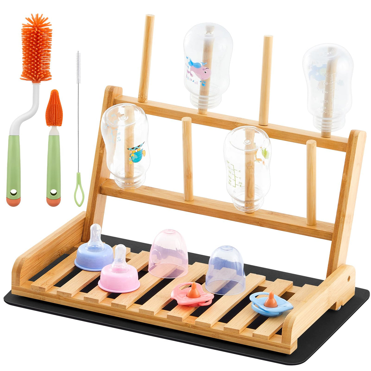 Colingmill bamboo bottle drying rack keeps bottles neatly organized on a compact counter space.