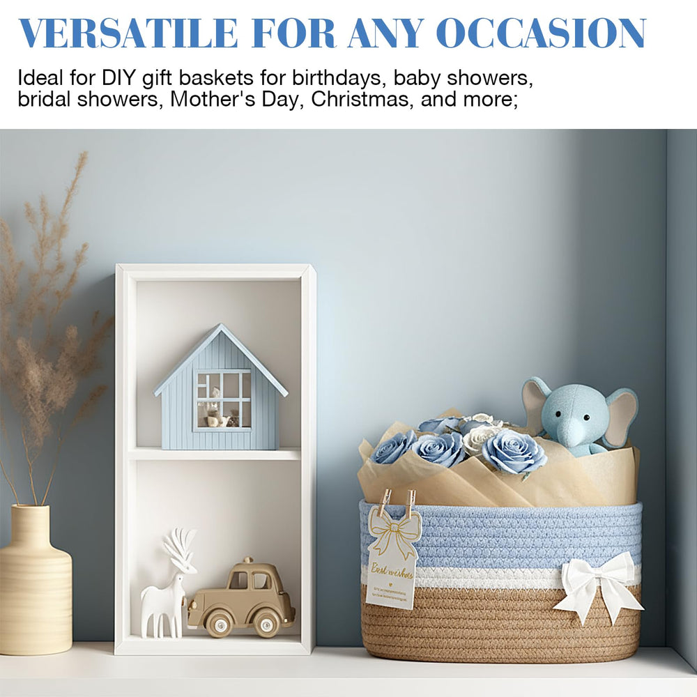 Colingmill blue woven basket in a nursery room setup for gifting