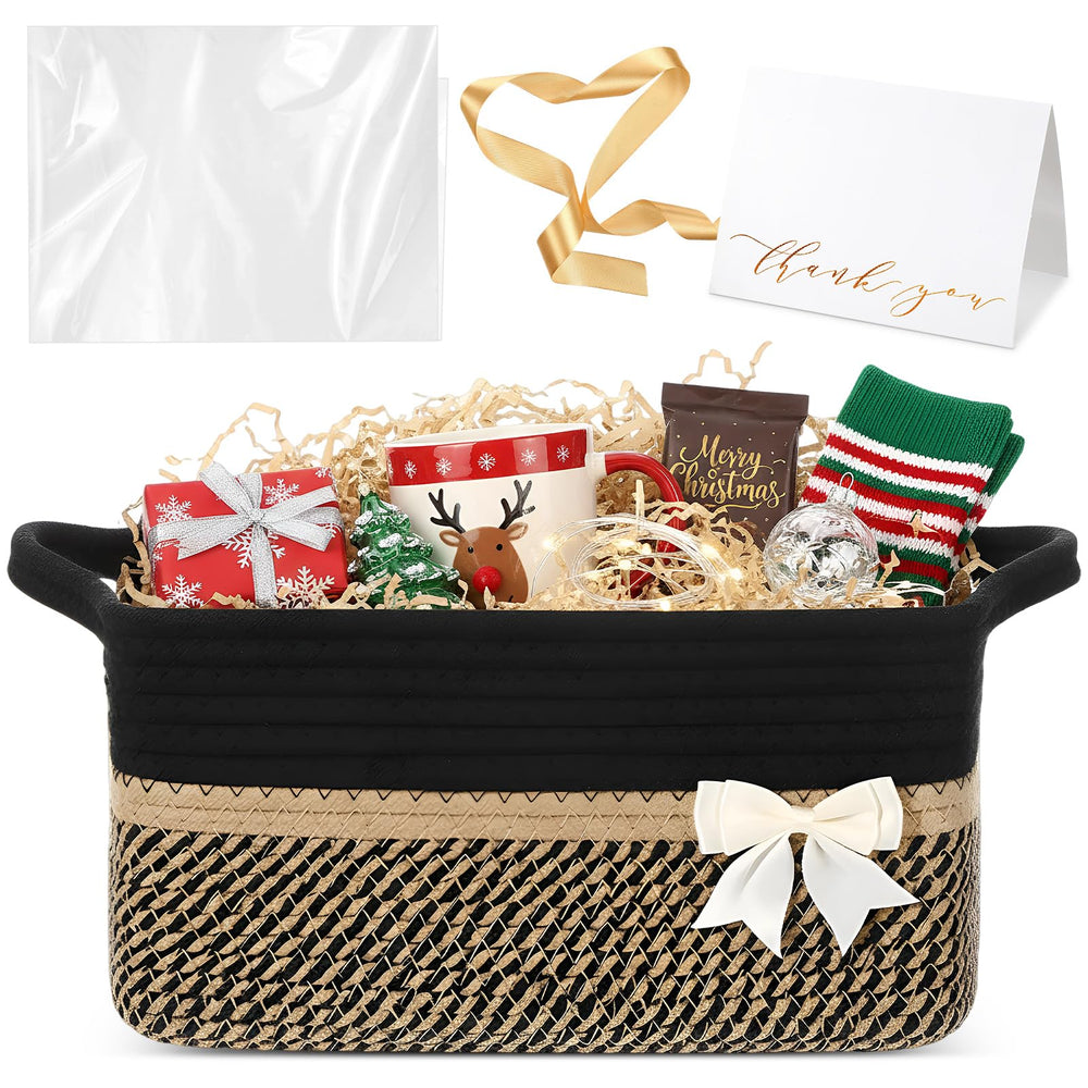 Colingmill black gift basket with 14x10x6 dimensions and sturdy handles for easy gifting.