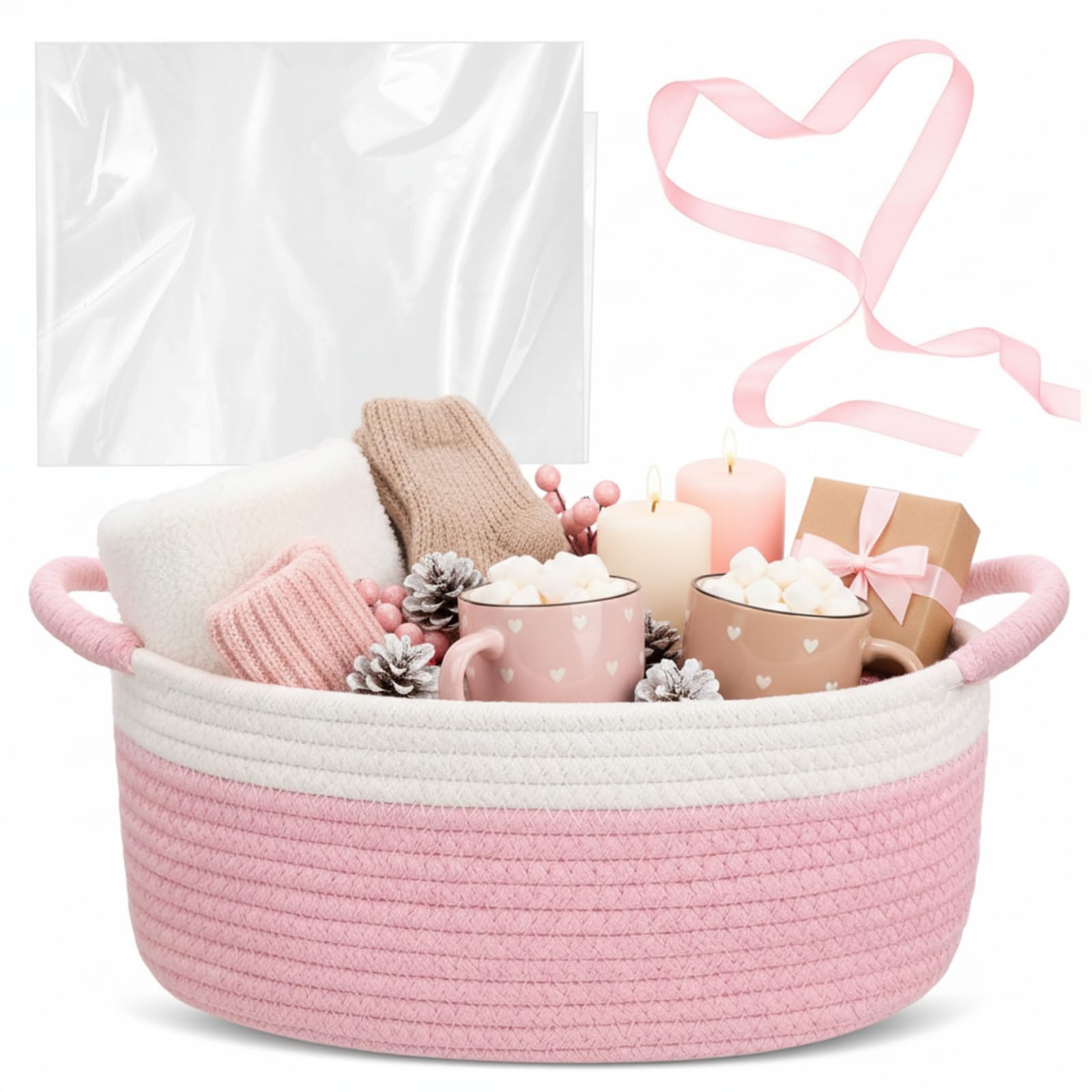 Colingmill Christmas woven gift basket close-up shows durable pink cotton rope.