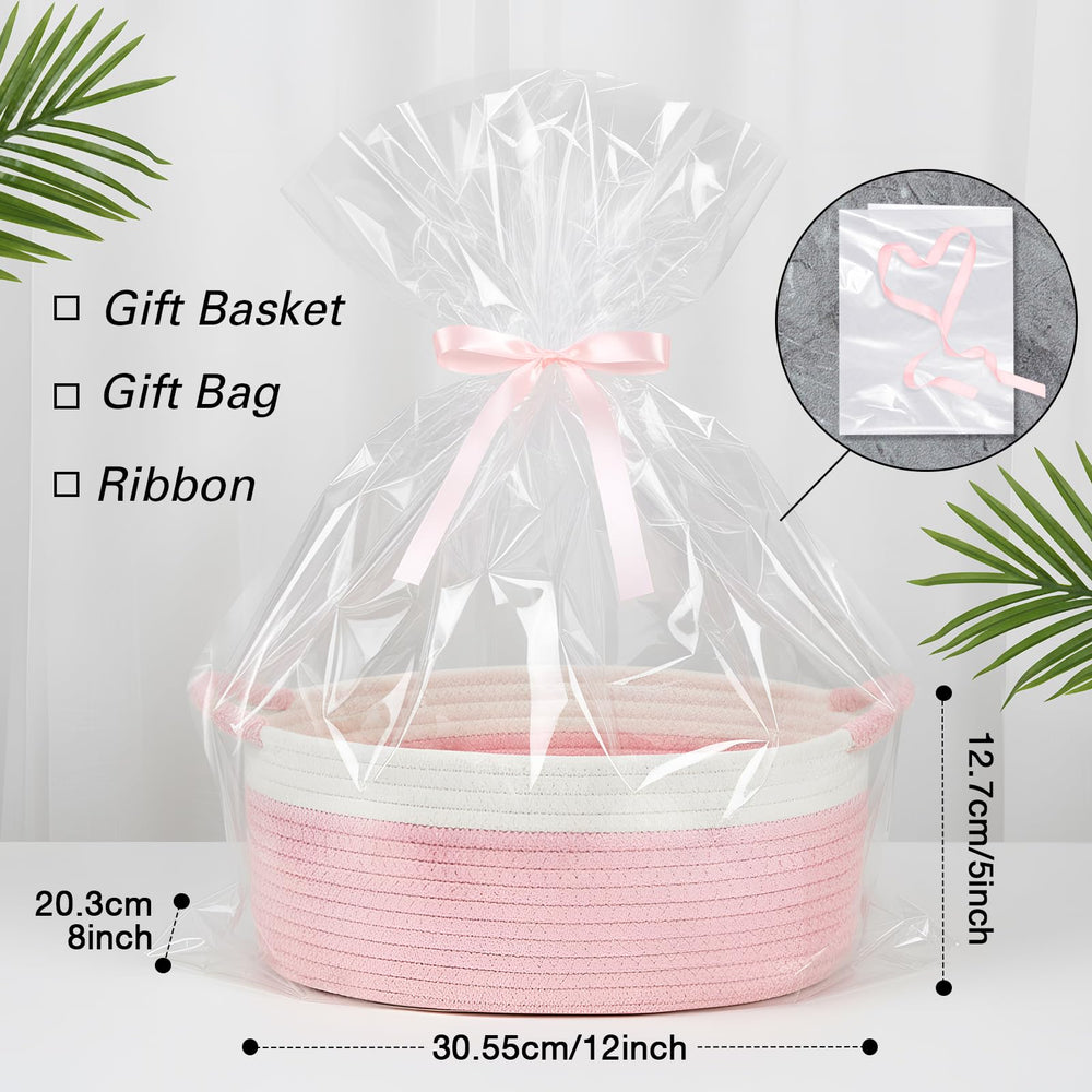 Colingmill pink woven gift basket with leather handle highlights sturdy construction.