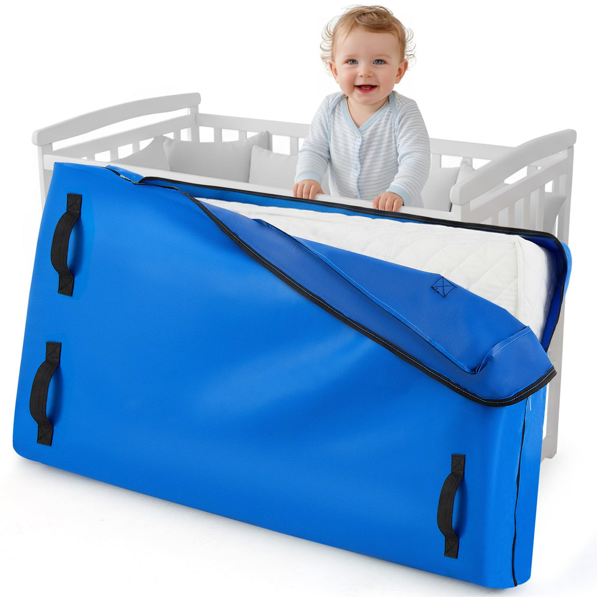 Colingmill crib mattress storage bag blue side view showing spacious storage for crib mattresses