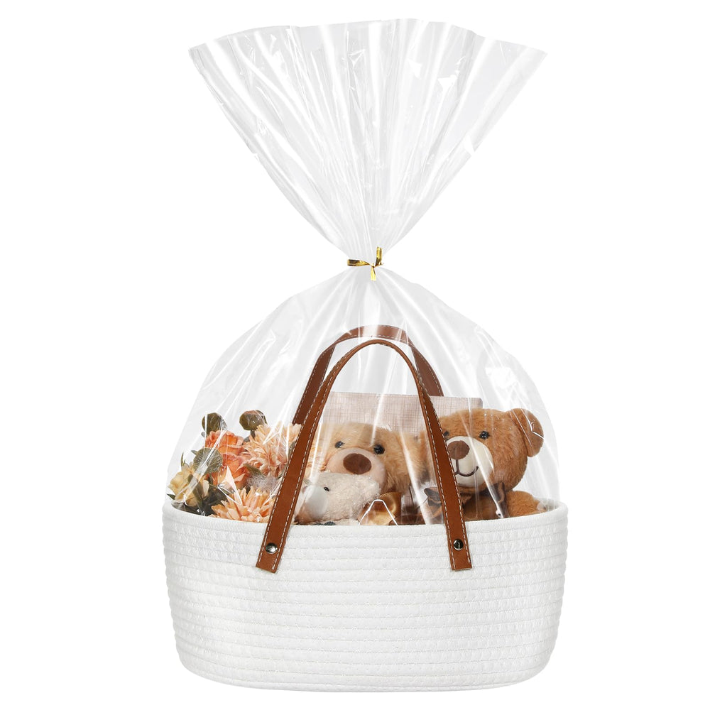 Colingmill empty woven basket close-up with PU leather handles for easy transport.
