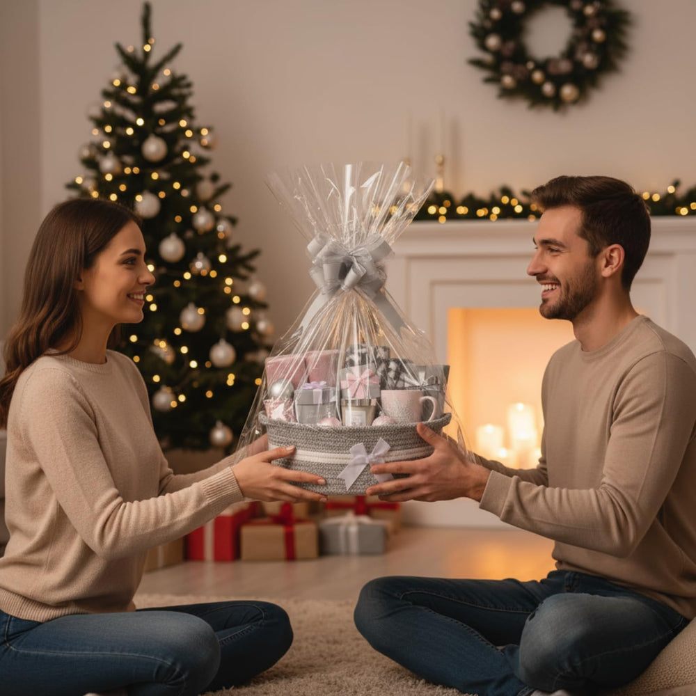 Colingmill gift basket handles reinforced woven, showing strength for heavier items.