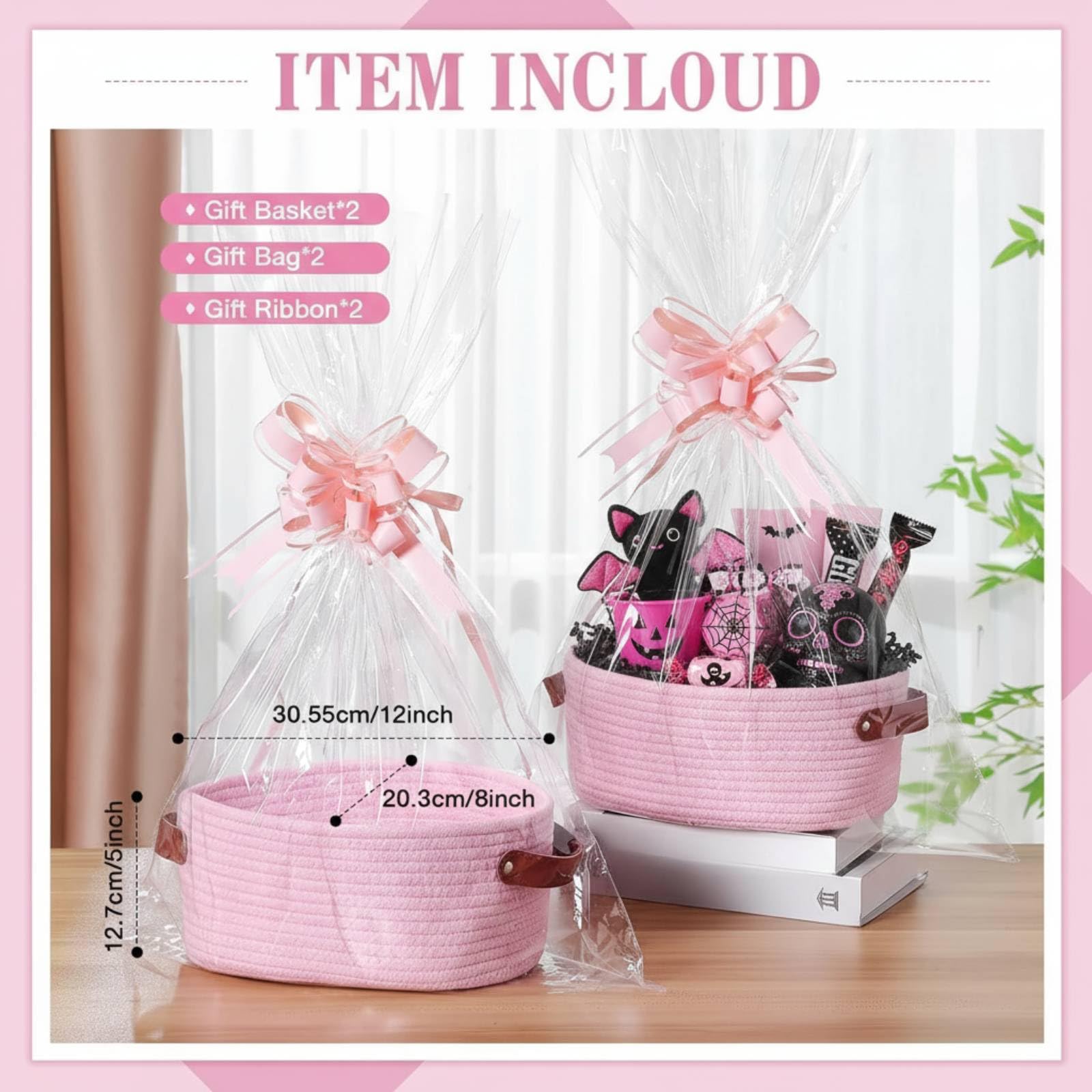 Colingmill pink gift basket with bags and ribbons for holiday wrapping.