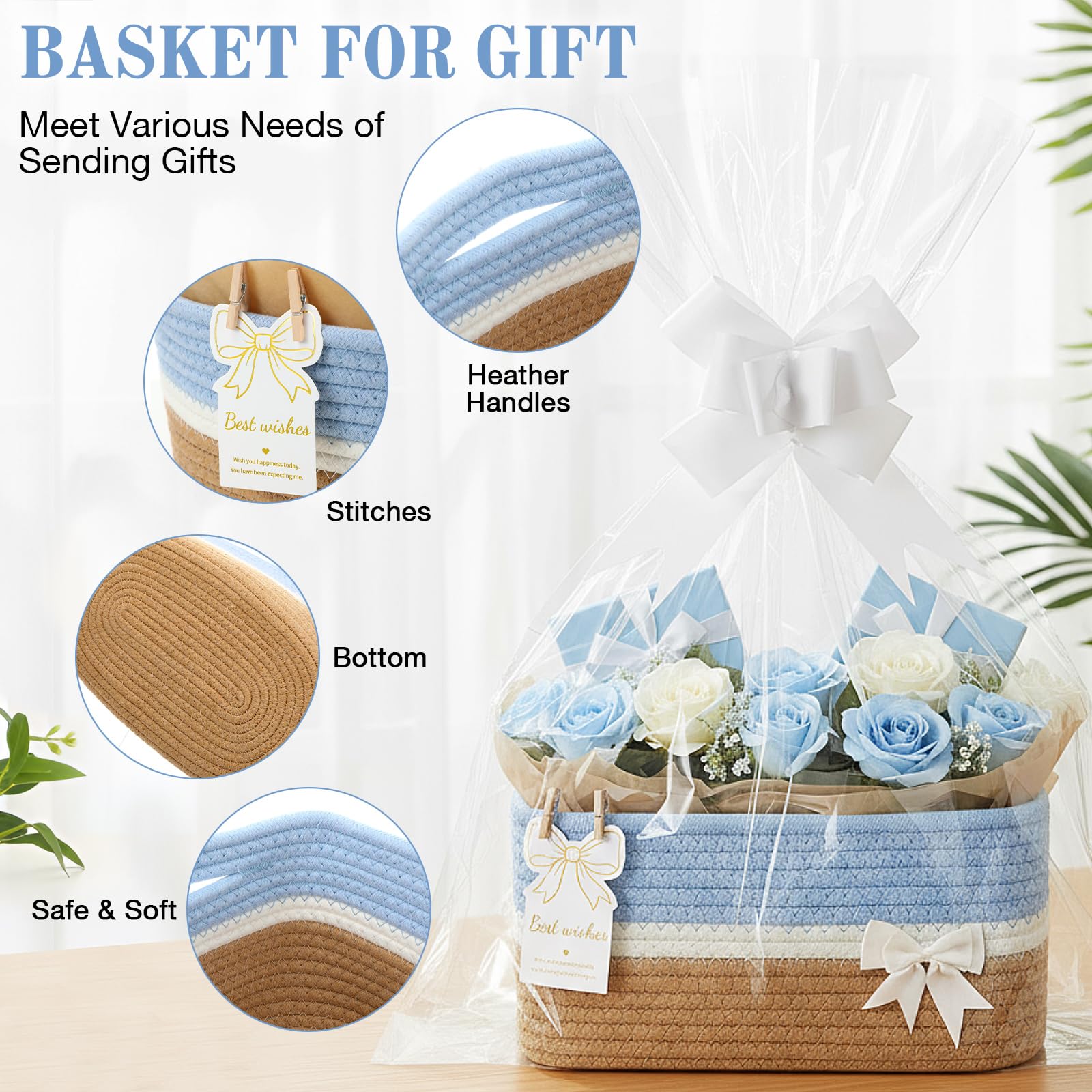 Colingmill blue woven basket with packaging contents including tissue and ribbon