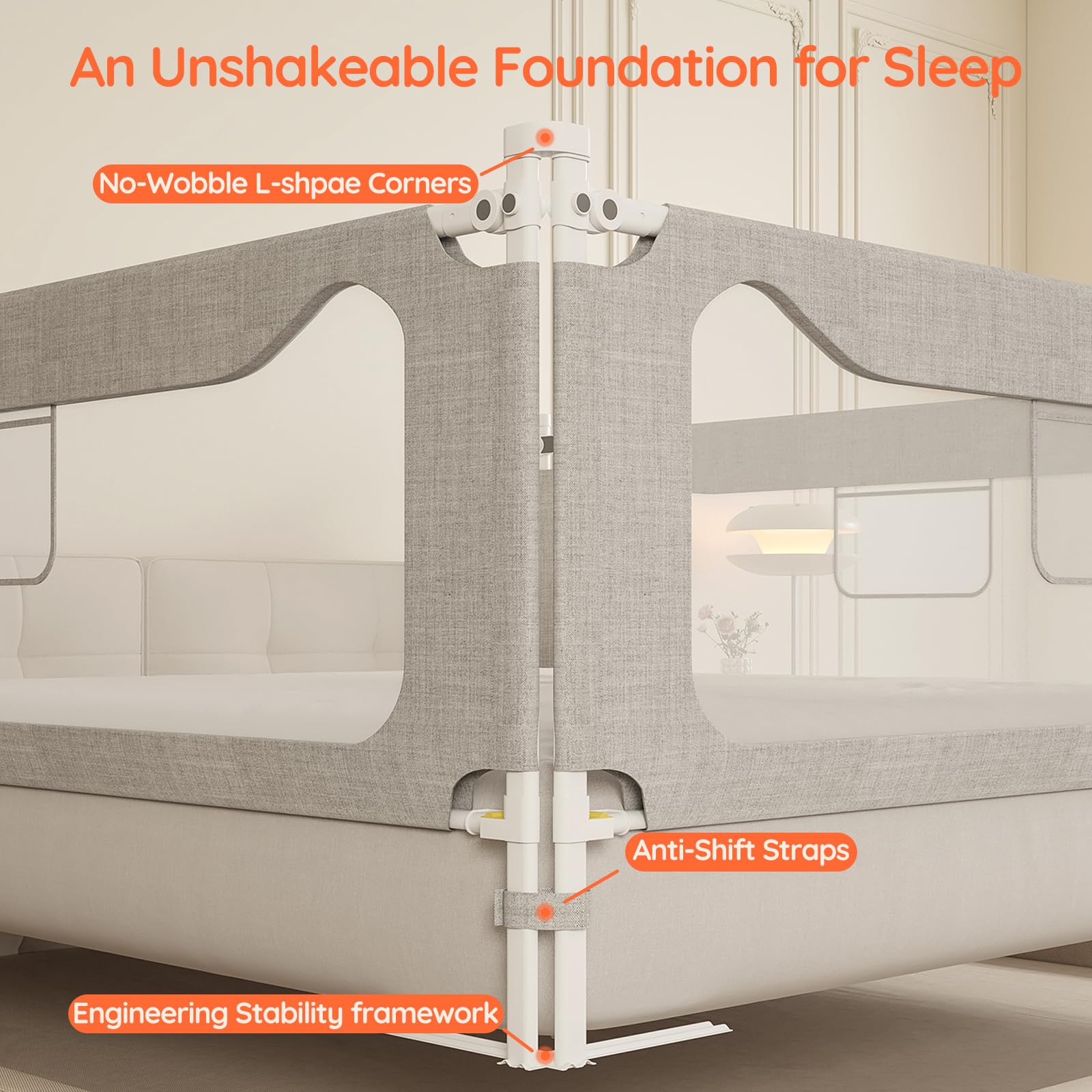 colorfarm Queen bed rail dual-button lock demonstrates easy one-handed raise and secure lowering.