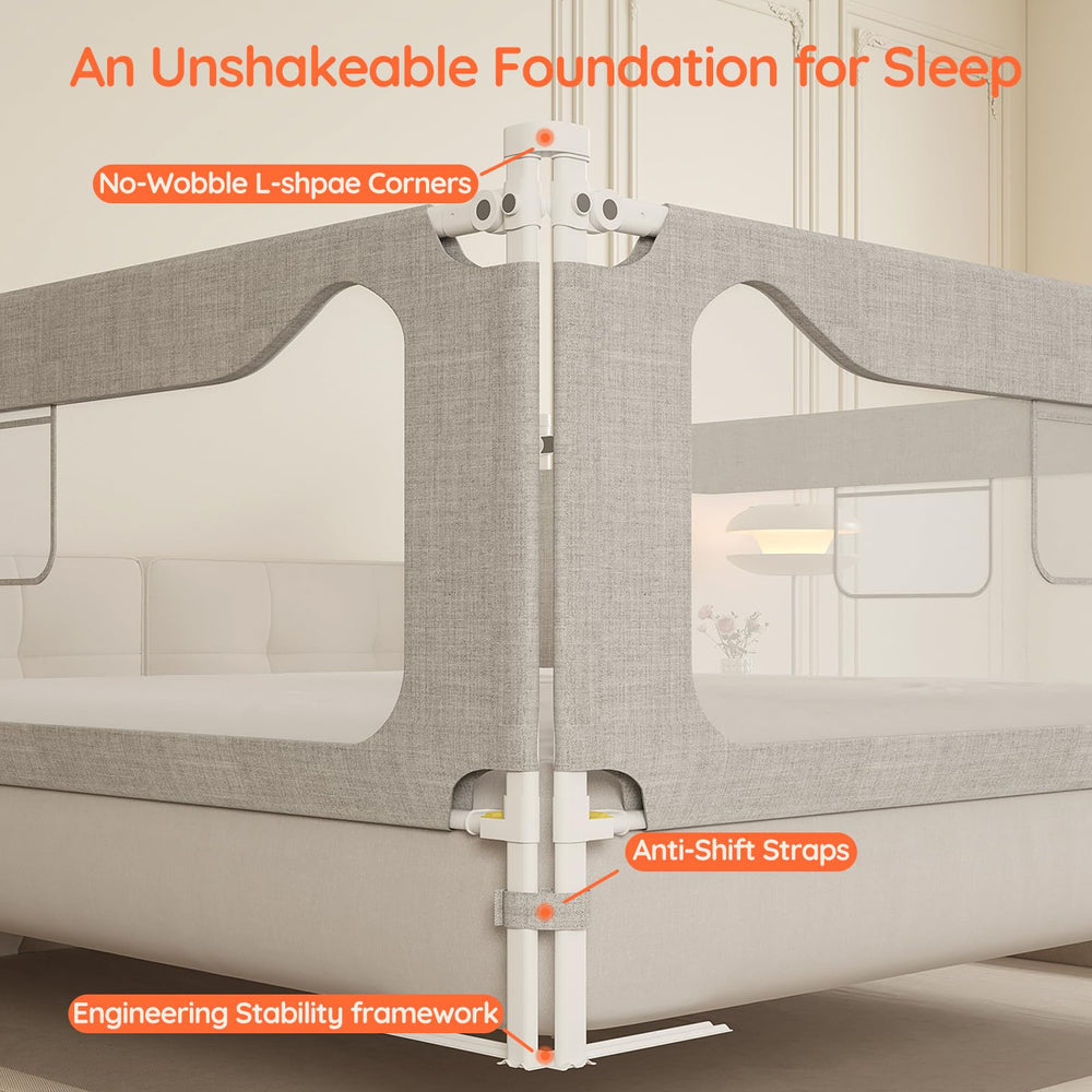 colorfarm Queen bed rail dual-button lock demonstrates easy one-handed raise and secure lowering.