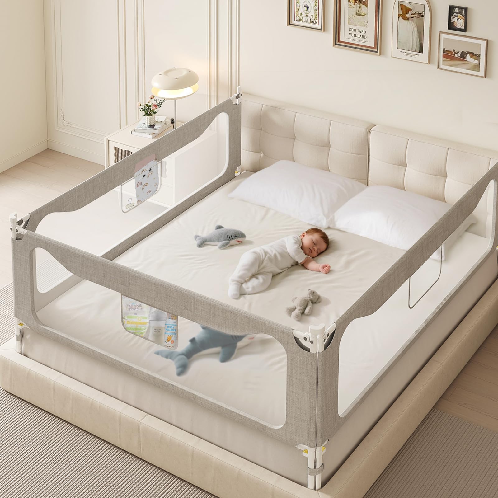 colorfarm Queen bed rail three-sided guard keeps toddlers safely tucked in for peaceful bedtimes.