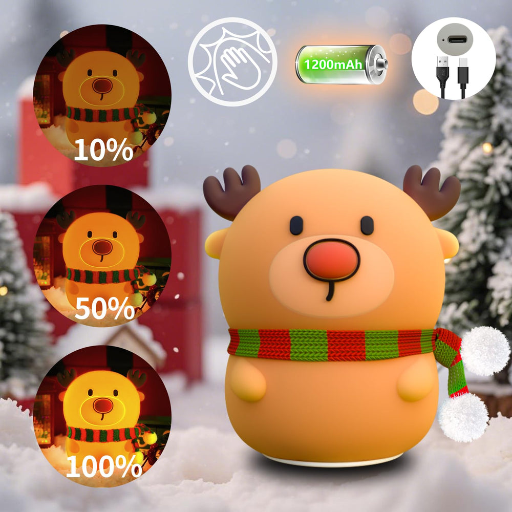 Colorful Life silicone reindeer night light charging base highlighting rechargeable feature