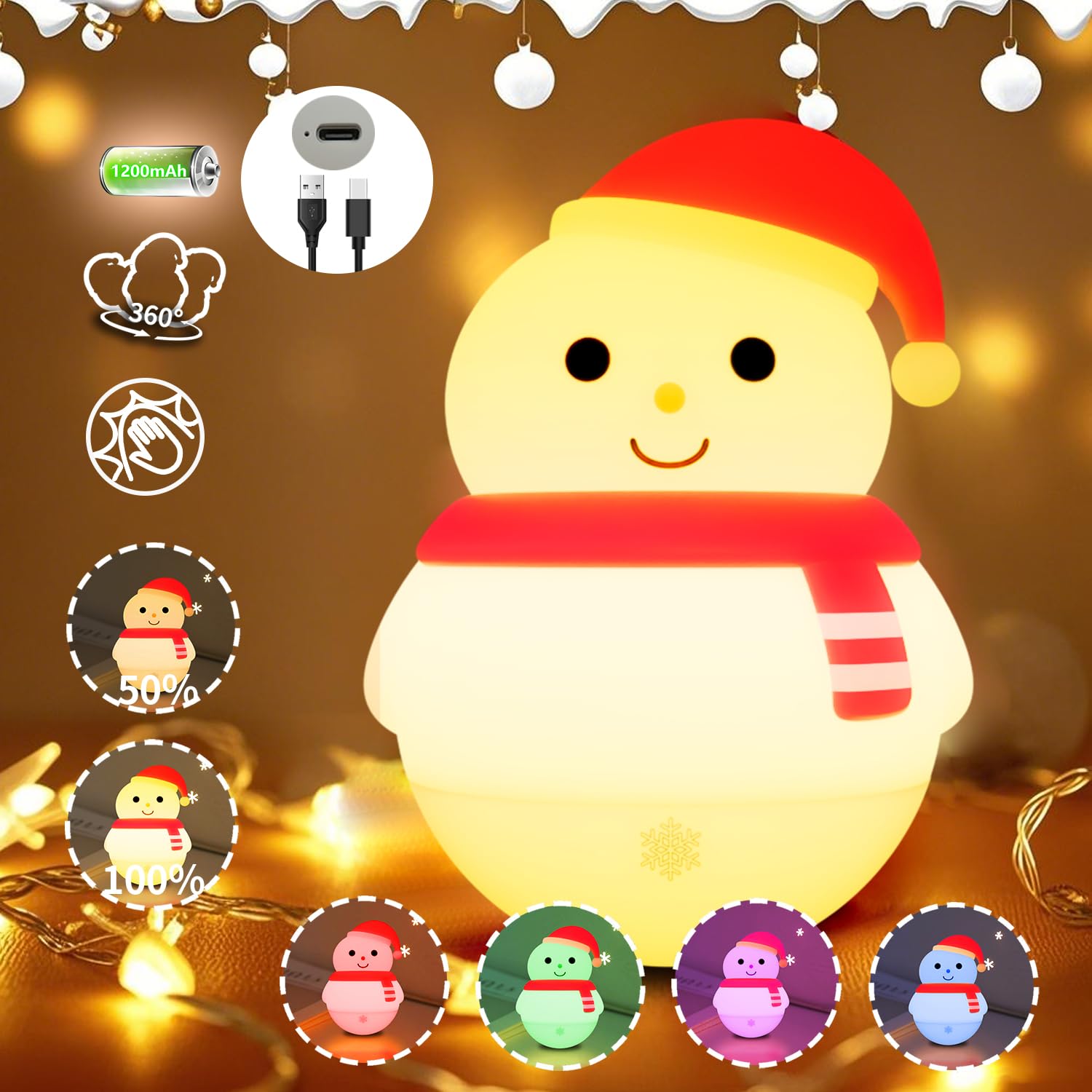 Colorful Life Snowman Tap Light silicone texture highlighting soft touch safety for kids