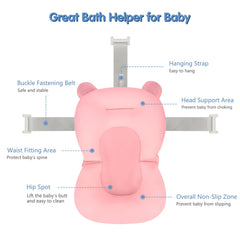 Colorlife baby bath seat net pink with baby lying comfortably during shower.