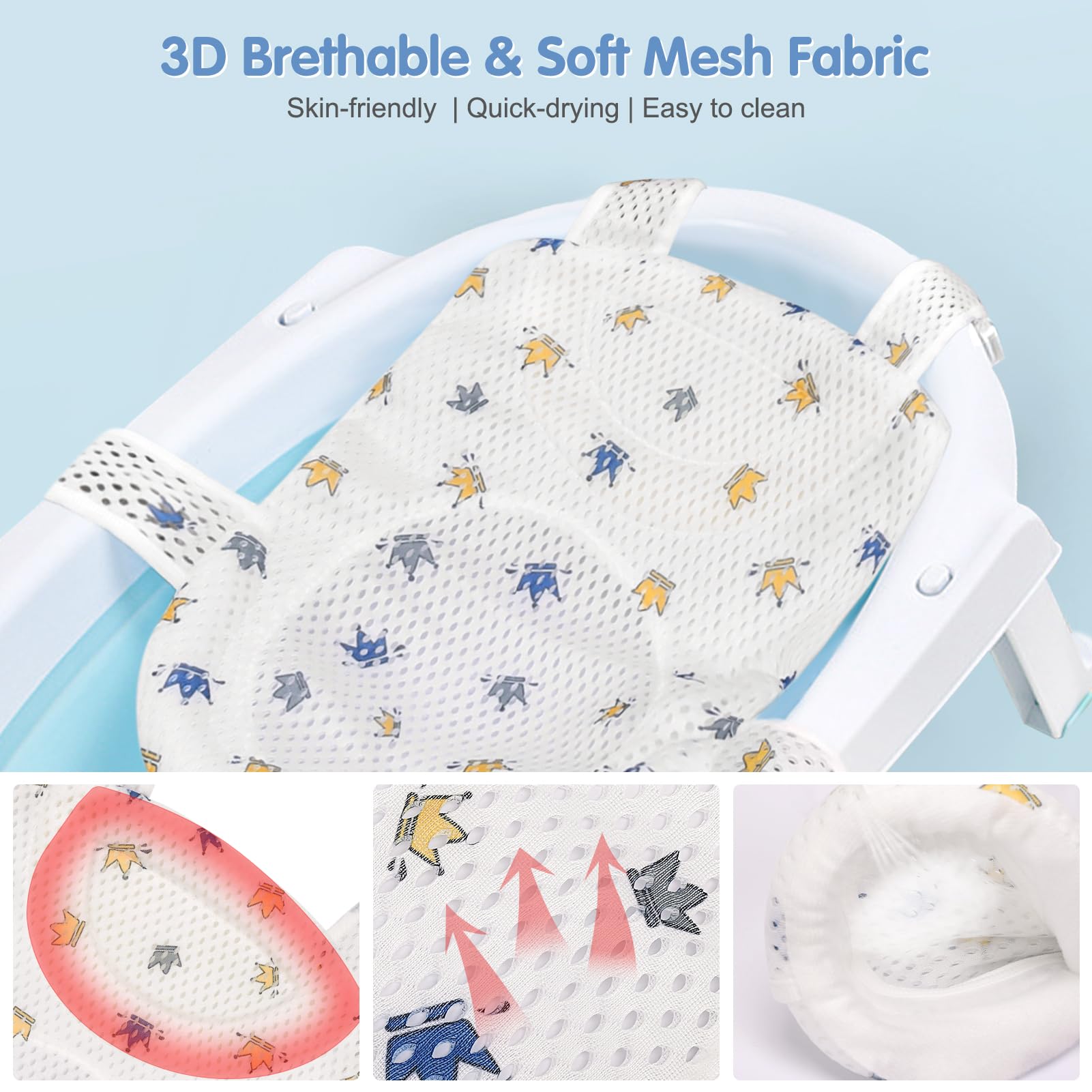 Colorlife Five-point support keeps baby secure during bath time.