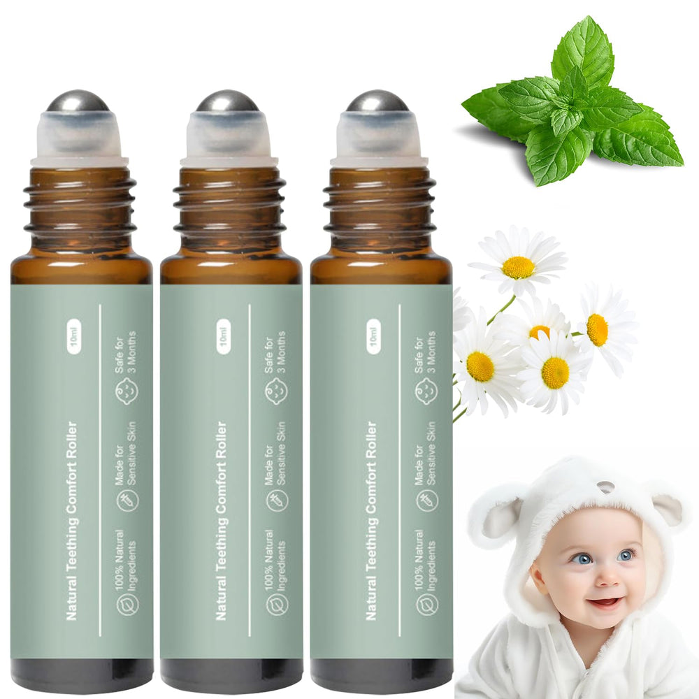COLOTTE Teething Roller chamomile rose bottle closeup highlights natural soothing ingredients.