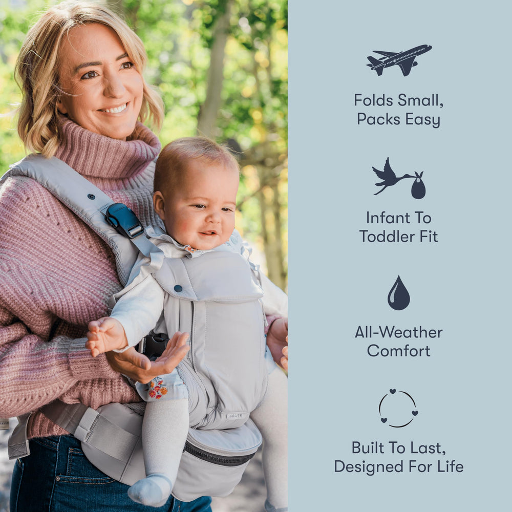 Colugo baby carrier with adjustable waistband fits a wide range of parents for ergonomic comfort.