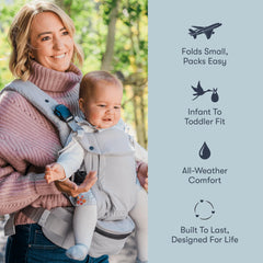 Colugo baby carrier with adjustable waistband fits a wide range of parents for ergonomic comfort.