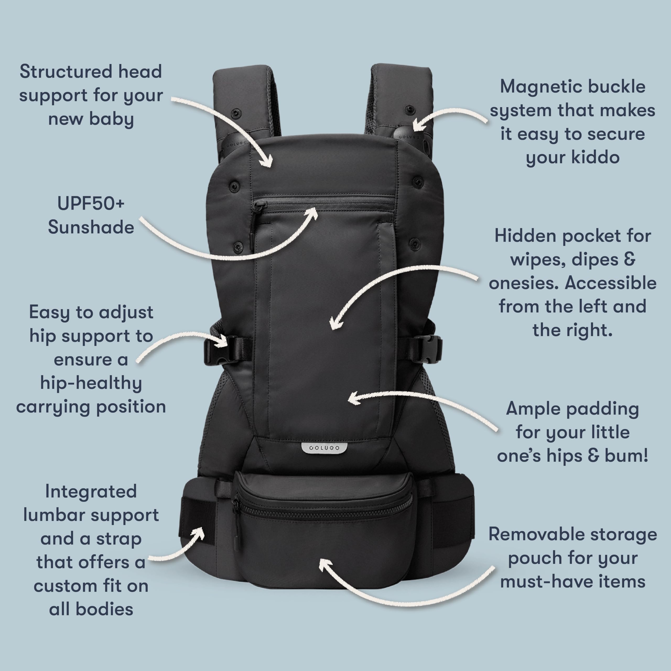 Colugo carrier back carry enables hands-free comfort during quick errands.