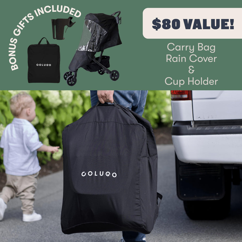 Colugo Compact Stroller UPF50 canopy protects child from sun on rides.