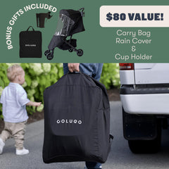 Colugo Compact Stroller UPF50 canopy protects child from sun on rides.