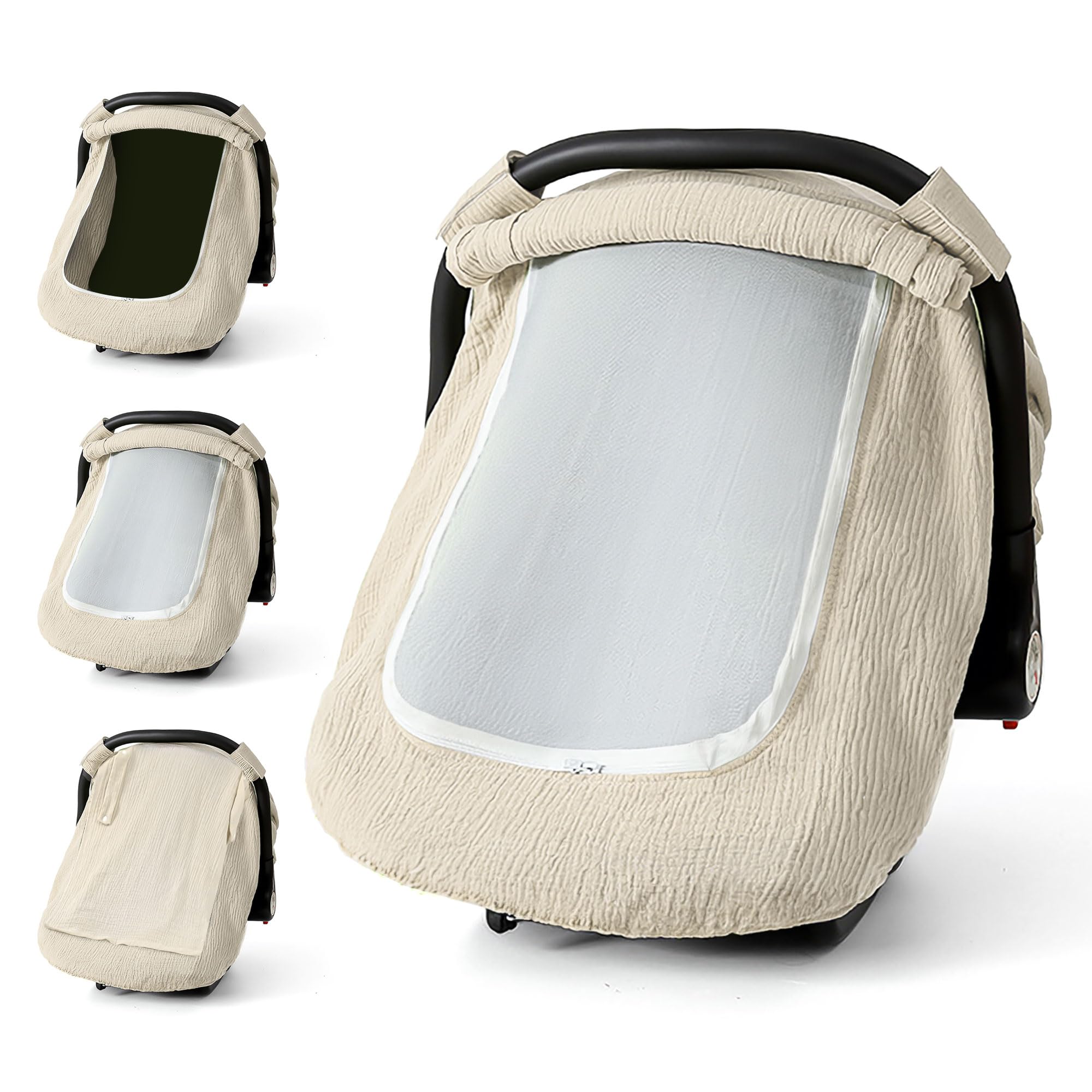 C COMCROSFLY muslin cotton car seat cover in wheat outer view offers breathable comfort on the go.
