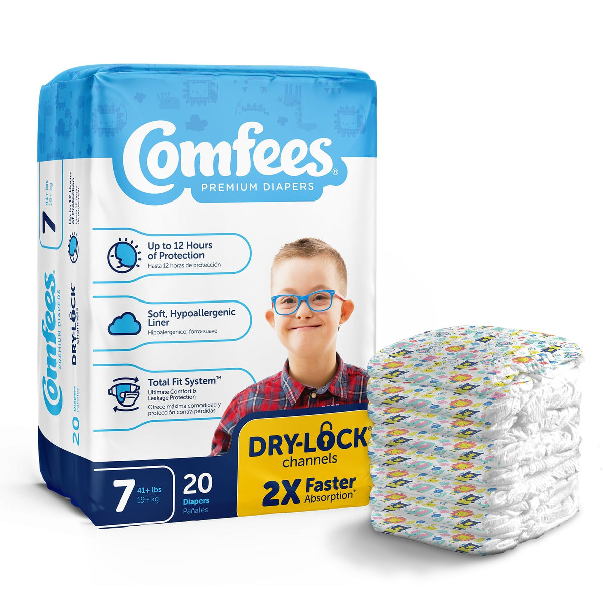 Comfees CMF-7 diaper side view shows a snug, secure fit for active babies.