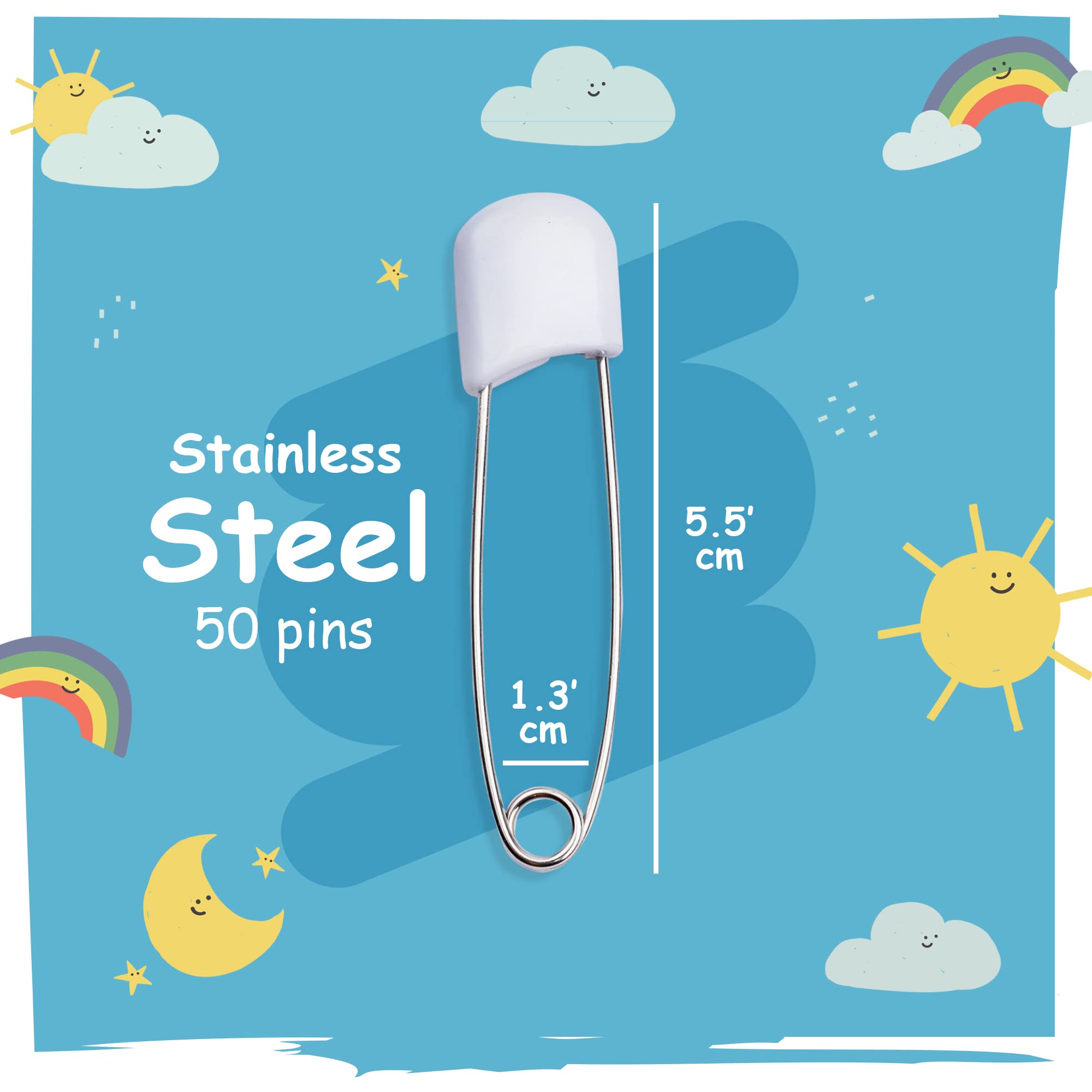 Comffy diaper pins plastic head close-up showing secure locking for safety.