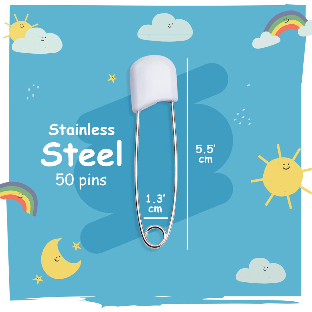 Comffy diaper pins plastic head close-up showing secure locking for safety.