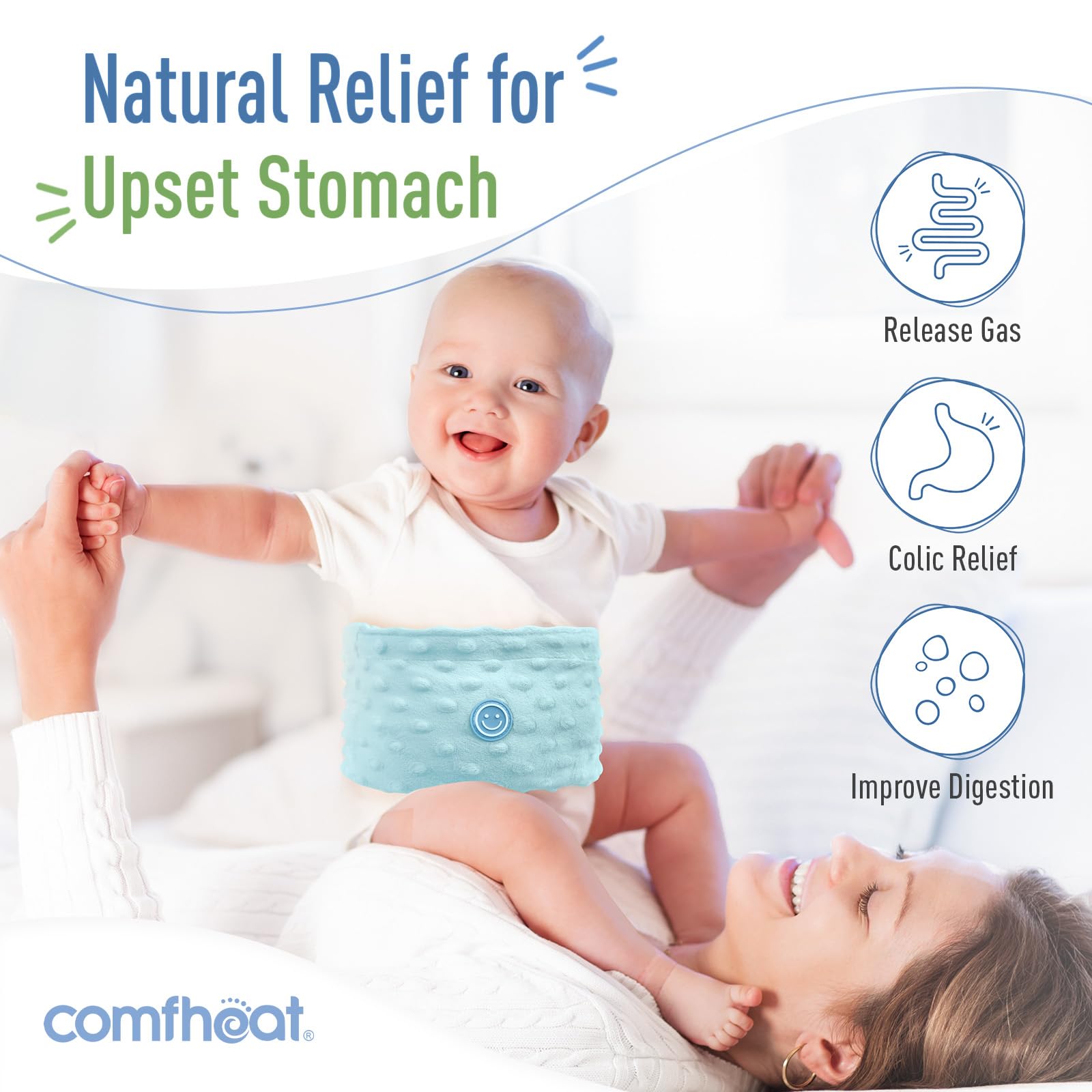 Comfheat heating pack shown being microwaved for quick warmth during tummy upset.