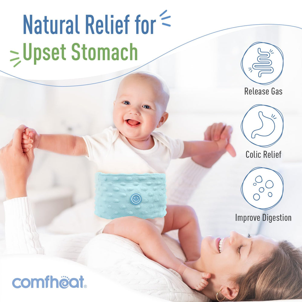 Comfheat heating pack shown being microwaved for quick warmth during tummy upset.