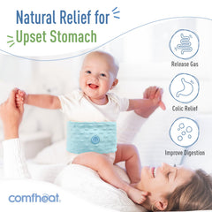 Comfheat heating pack shown being microwaved for quick warmth during tummy upset.