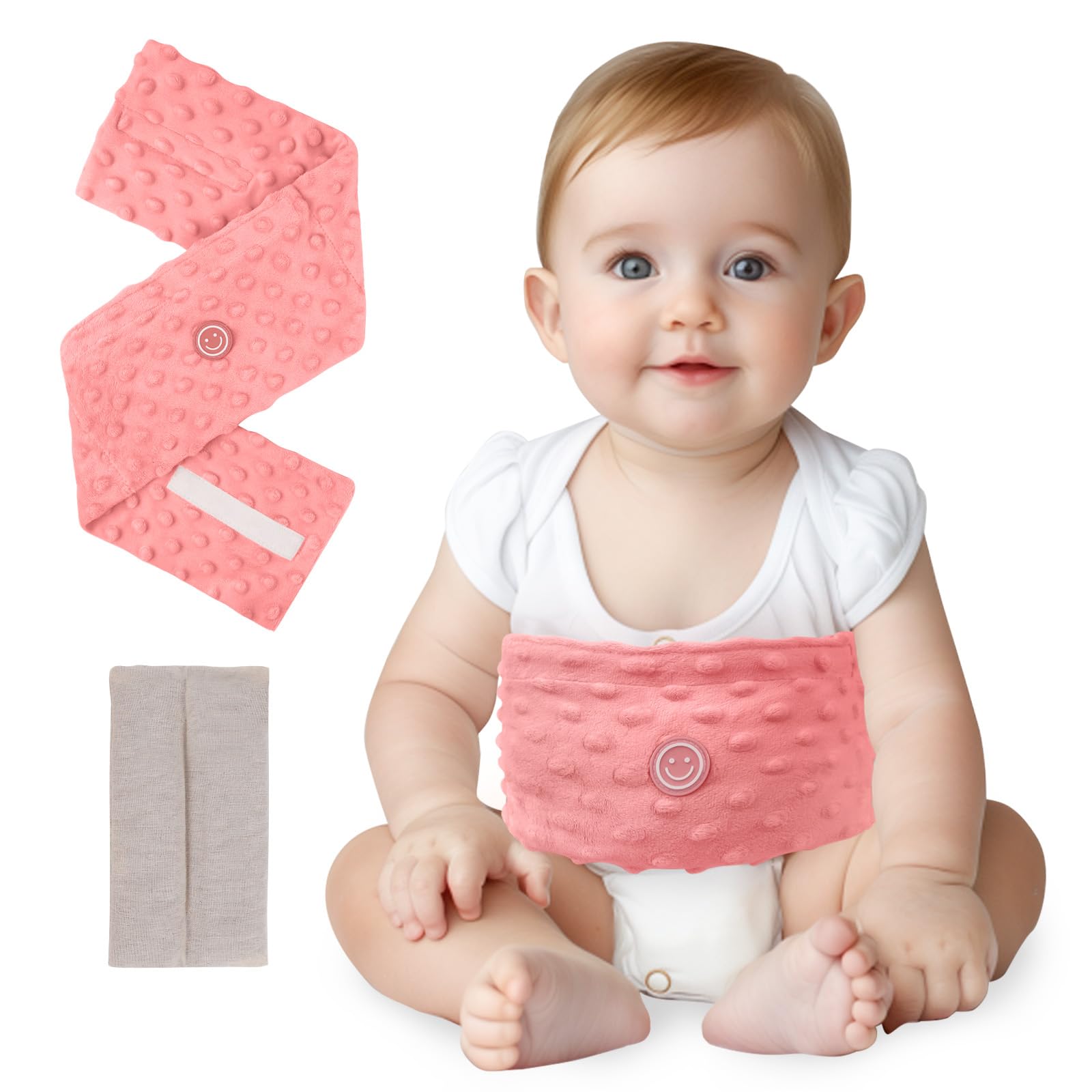 Comfheat baby tummy wrap on infant delivers gentle warmth for tummy comfort.