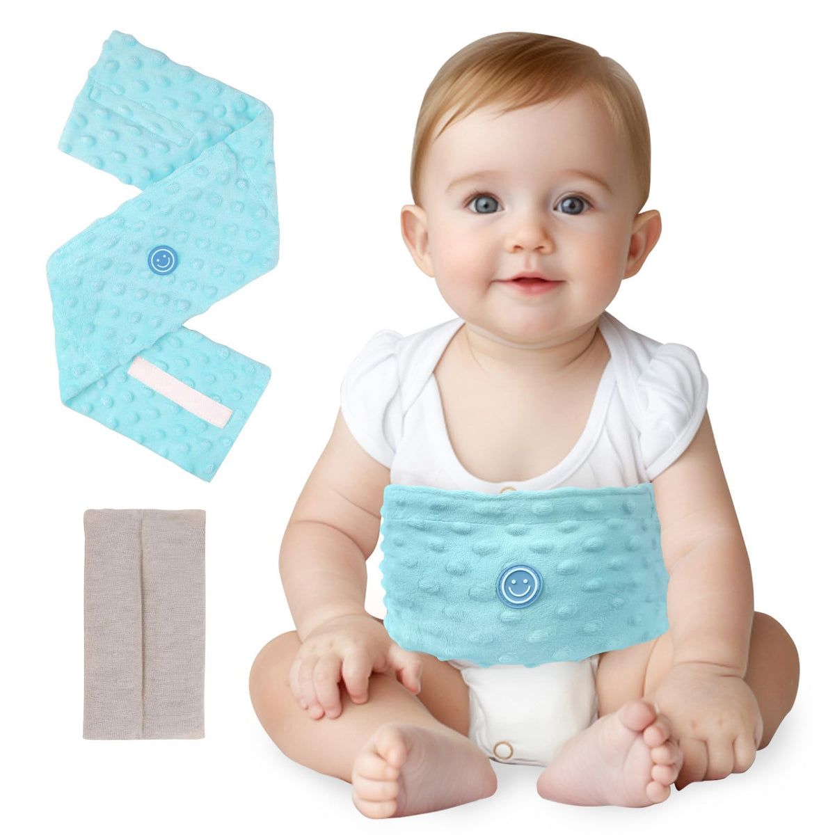 Comfheat flaxseed tummy wrap with soft fabric delivers soothing warmth to baby belly.