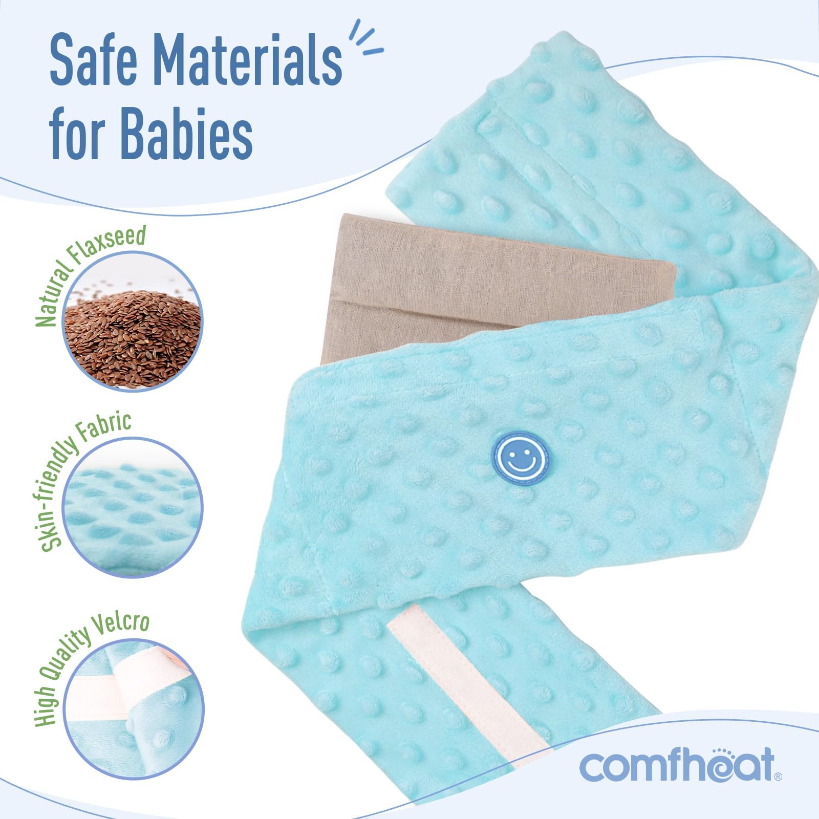 Comfheat adjustable tummy wrap with Velcro secures gently around baby waist.