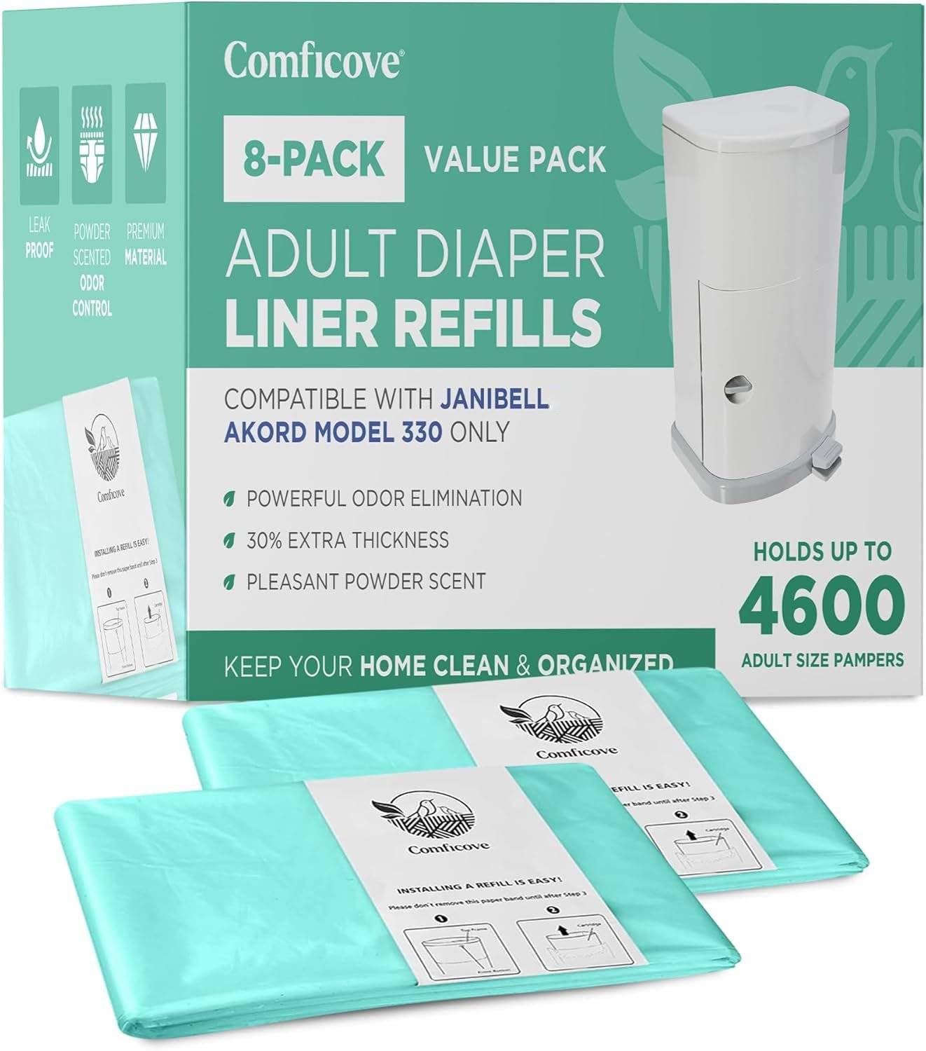 COMFICOVE 8-pack adult diaper liner refills in a compact roll for hygienic disposal.
