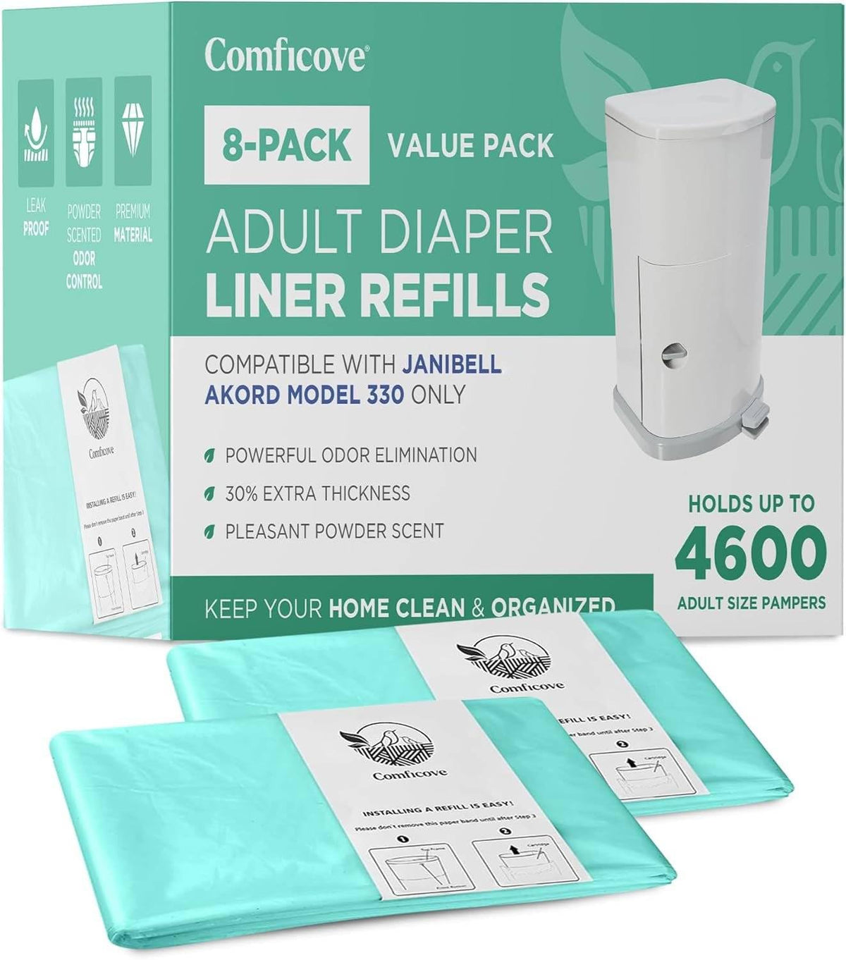 COMFICOVE 8-pack adult diaper liner refills in a compact roll for hygienic disposal.