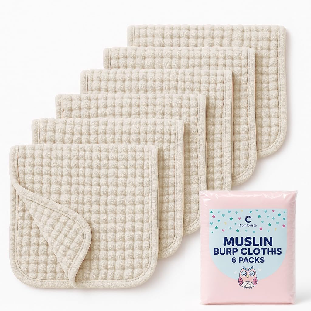 Comforista burp cloths: six-layer muslin absorbent fabric for burps and spills.