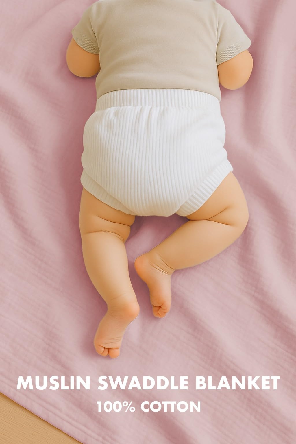 Comforista Muslin Swaddle Pink Baby Wrapped demonstrates secure wrap for peaceful sleep.
