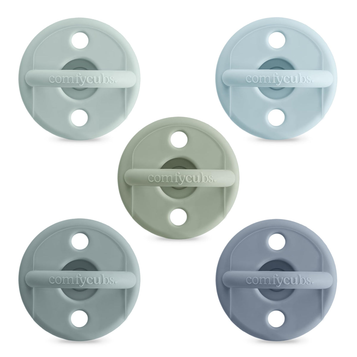Comfy Cubs 5-pack pacifiers in multicolor for newborn comfort and safe feeding.