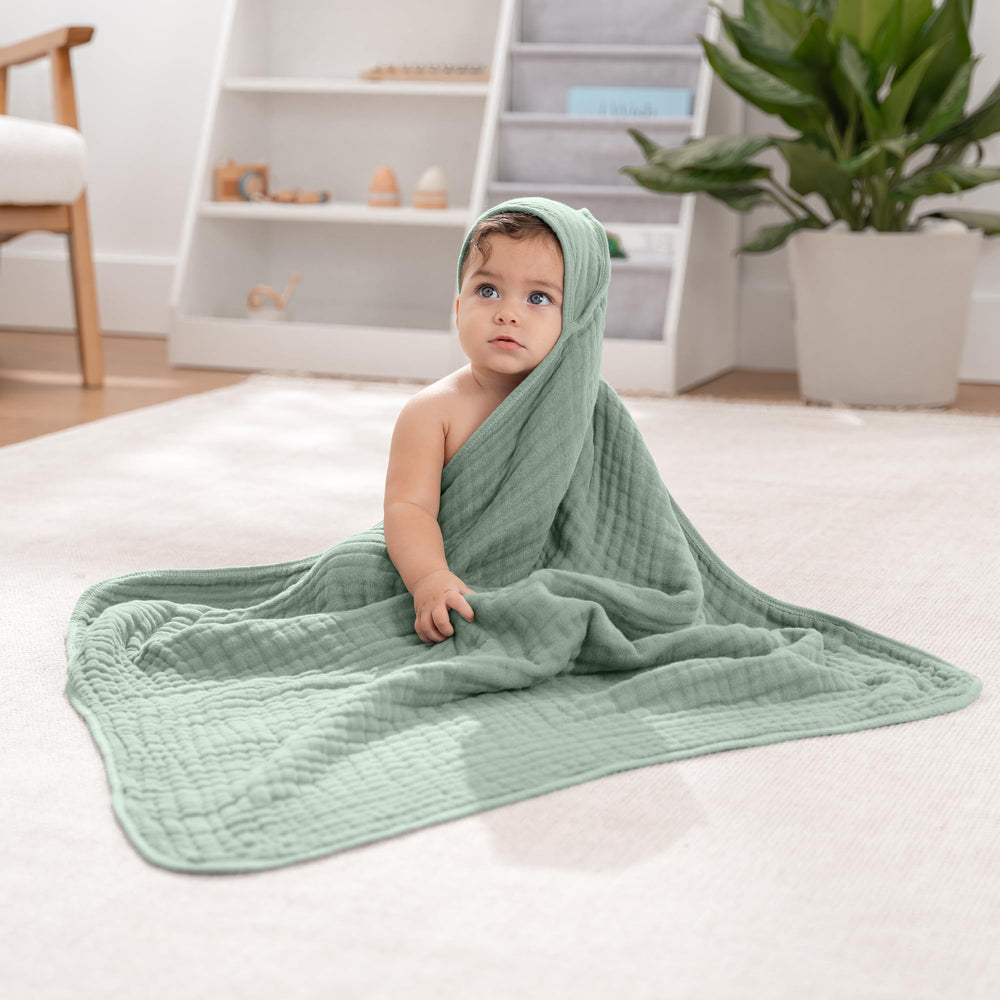 Comfy Cubs hooded towel after bath keeps baby warm and dry.