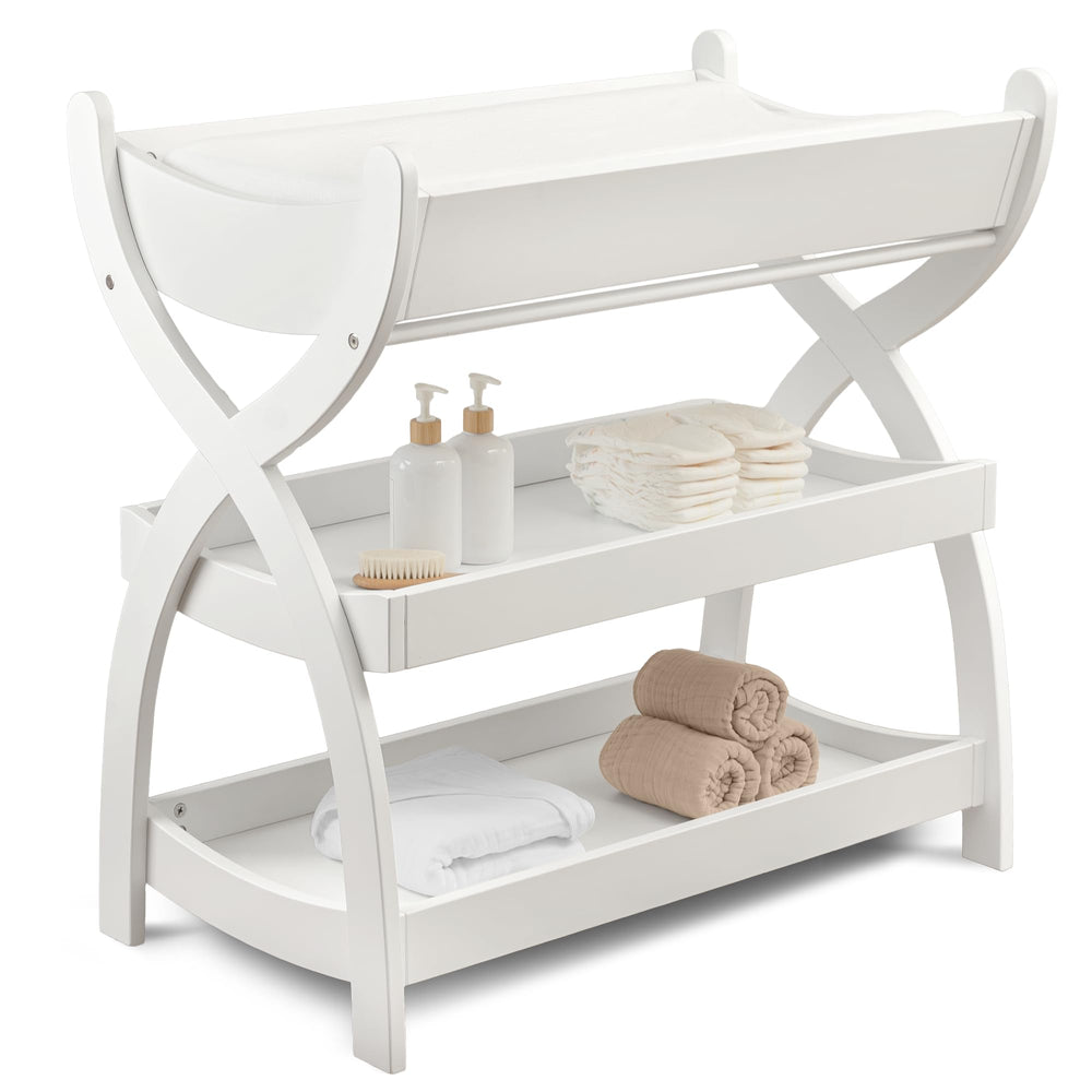 Comfy Cubs changing table showcases sturdy wood construction for durable diaper changes.