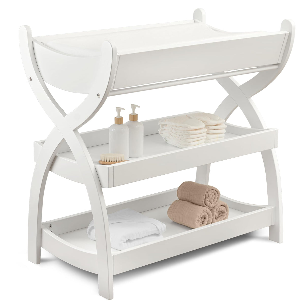 Comfy Cubs changing table showcases sturdy wood construction for durable diaper changes.