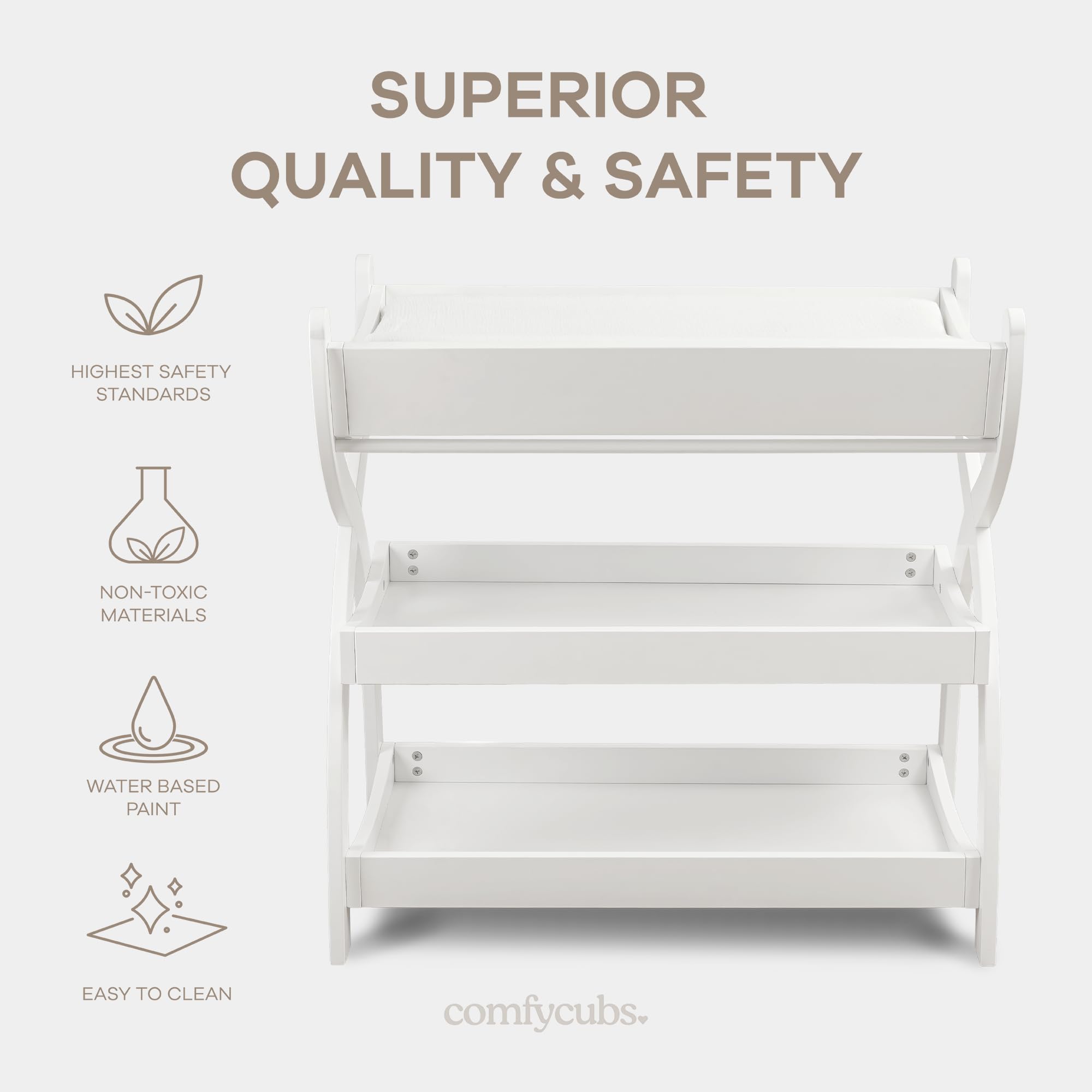 Comfy Cubs white finish changing table complements any nursery while providing open storage.