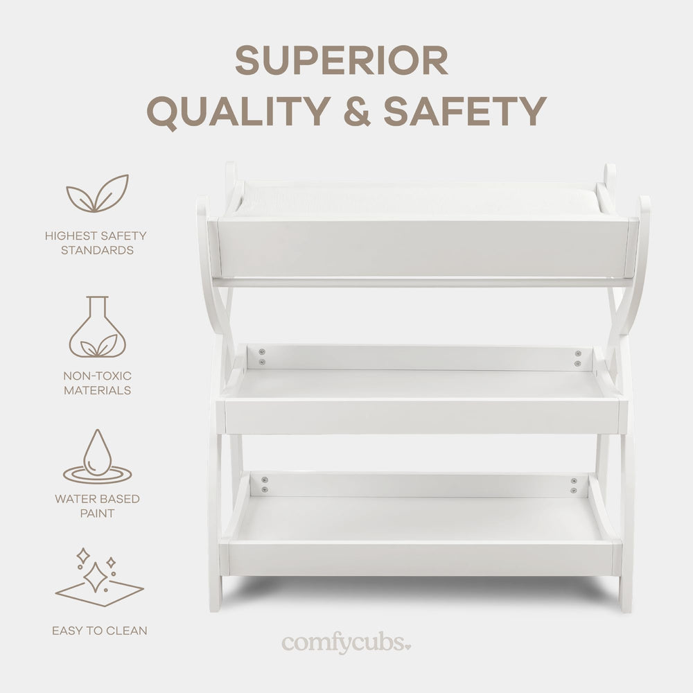 Comfy Cubs white finish changing table complements any nursery while providing open storage.