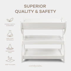 Comfy Cubs white finish changing table complements any nursery while providing open storage.