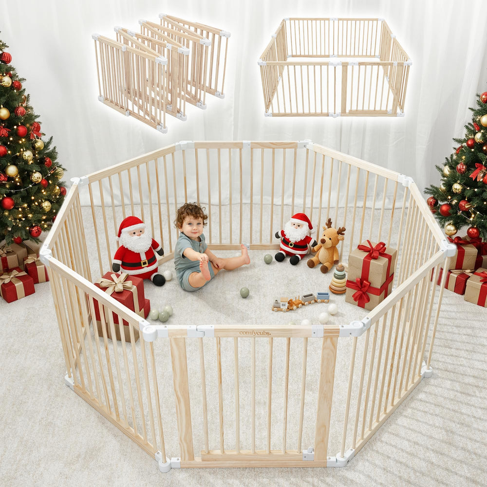Comfy Cubs baby gate playpen front view showing quick-setup capability