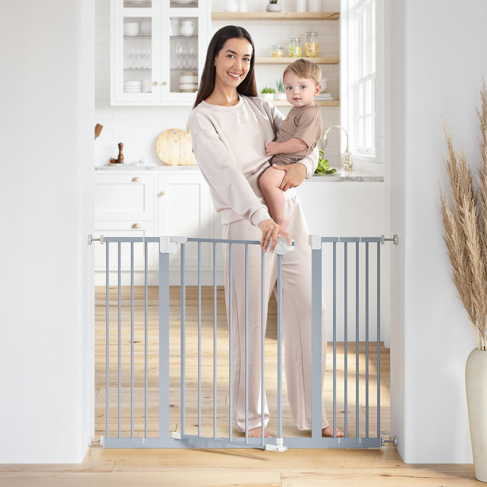Comfy Cubs baby safety gate front view shows Pacific Blue for secure doorways