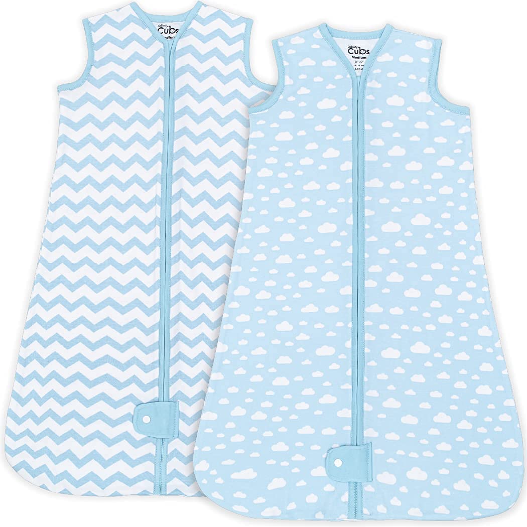 Comfy Cubs baby sleep sack blue front view shows breathable cotton warmth