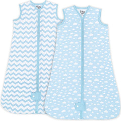 Comfy Cubs baby sleep sack blue front view shows breathable cotton warmth
