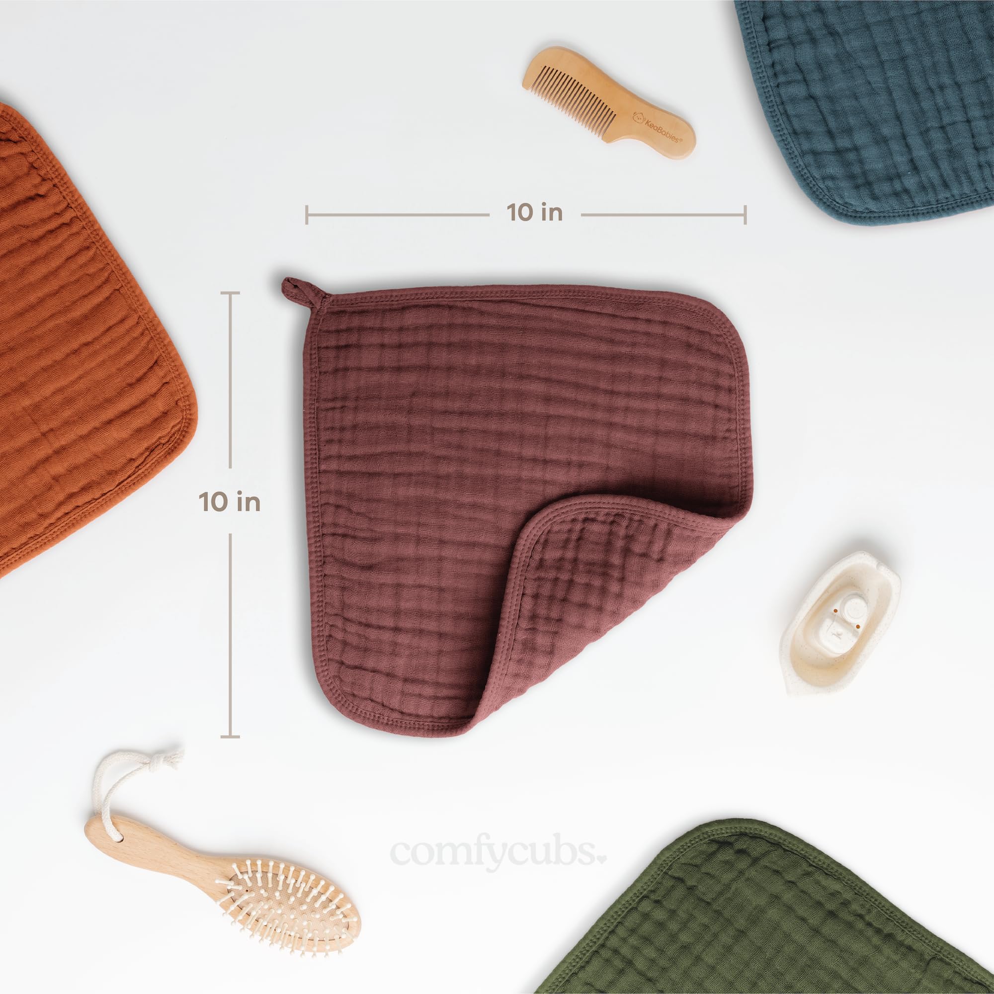 Comfy Cubs 10x10 flatlay shows large washcloths ideal for full-body cleanup.