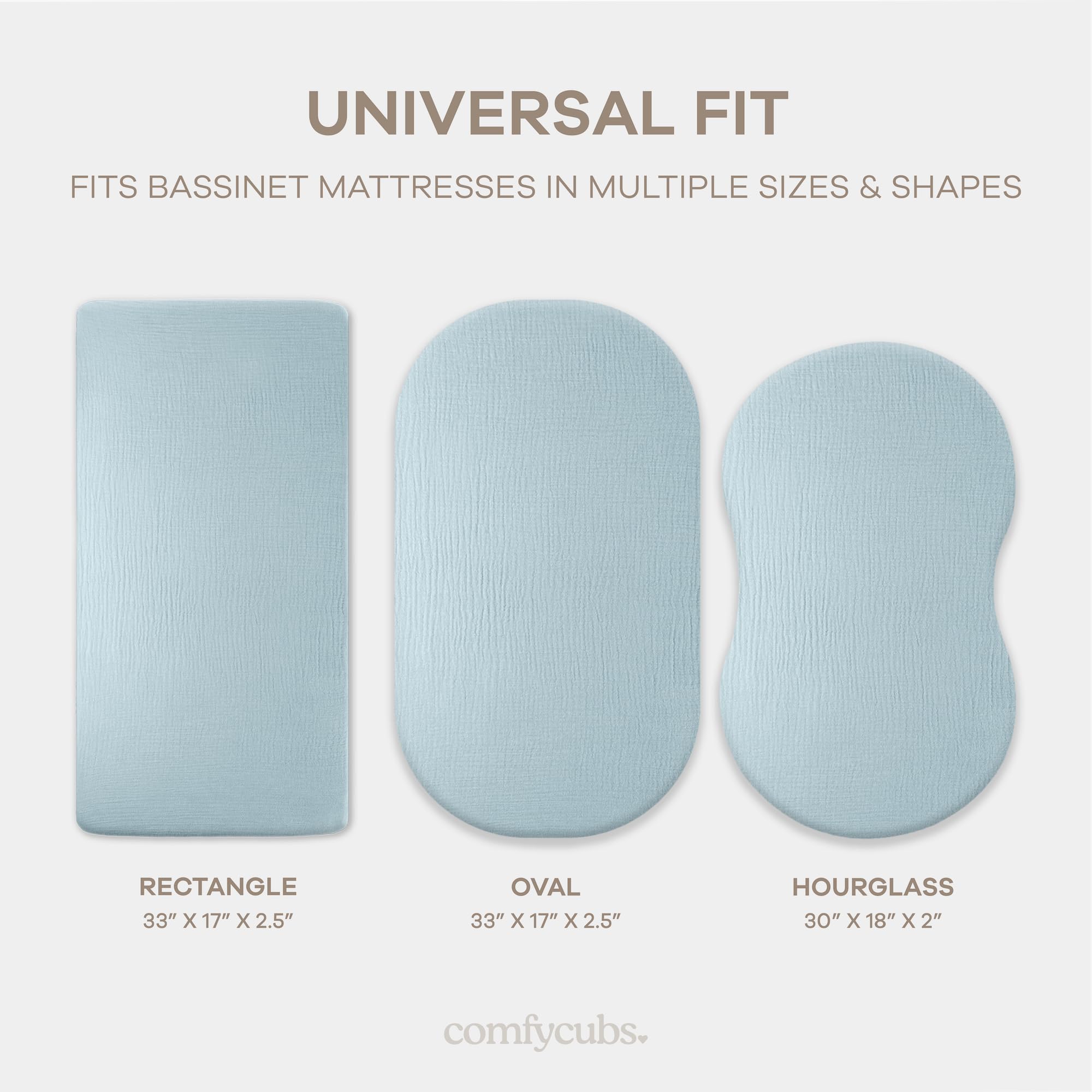 Comfy Cubs bassinet sheet with secure elastic edge — snug fit for safe sleep surface.